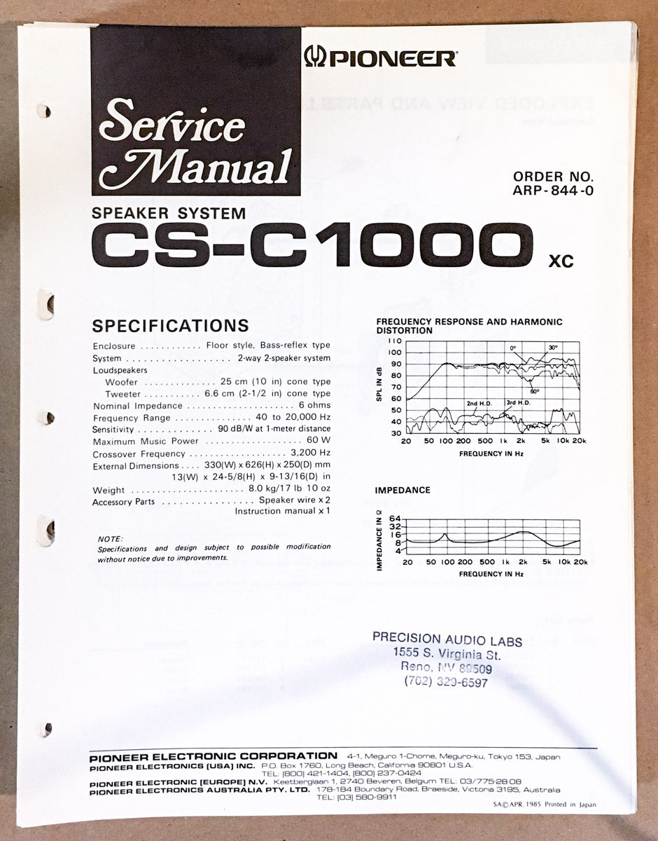 Pioneer CS-C1000 SPEAKER Service Manual *Original*