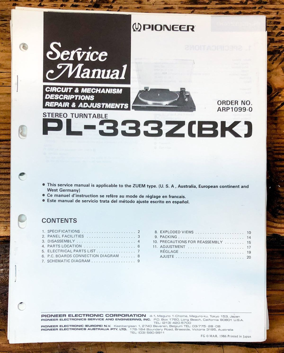 Pioneer PL-333Z Record Player / Turntable Service Manual *Original*