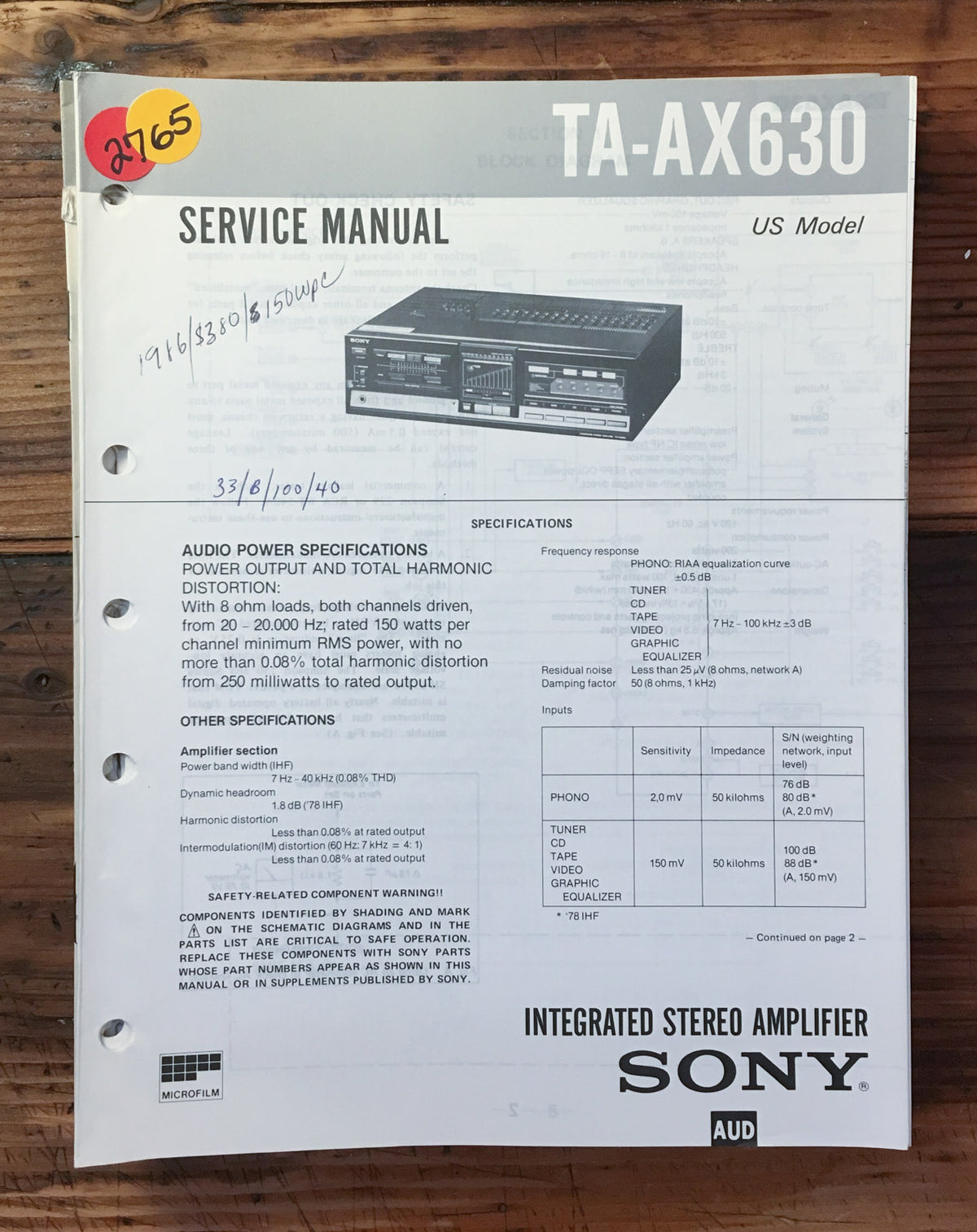 Sony TA-AX630 Amplifier Service Manual *Original*