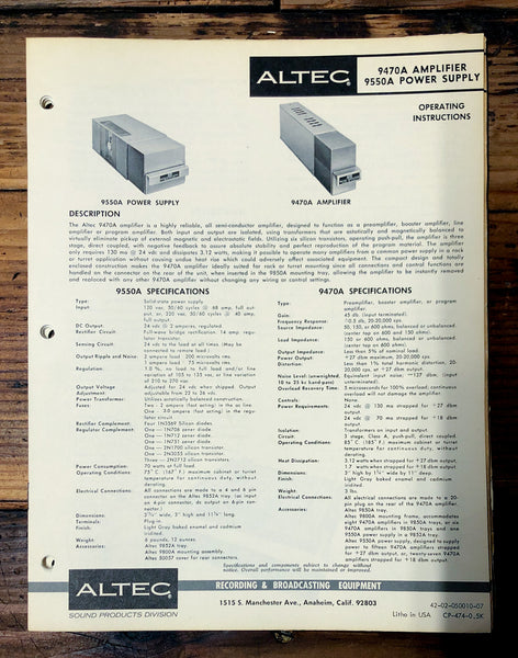 Altec Model 9470A 9550A Amplifier  Owners Manual & Schematic *Orig*