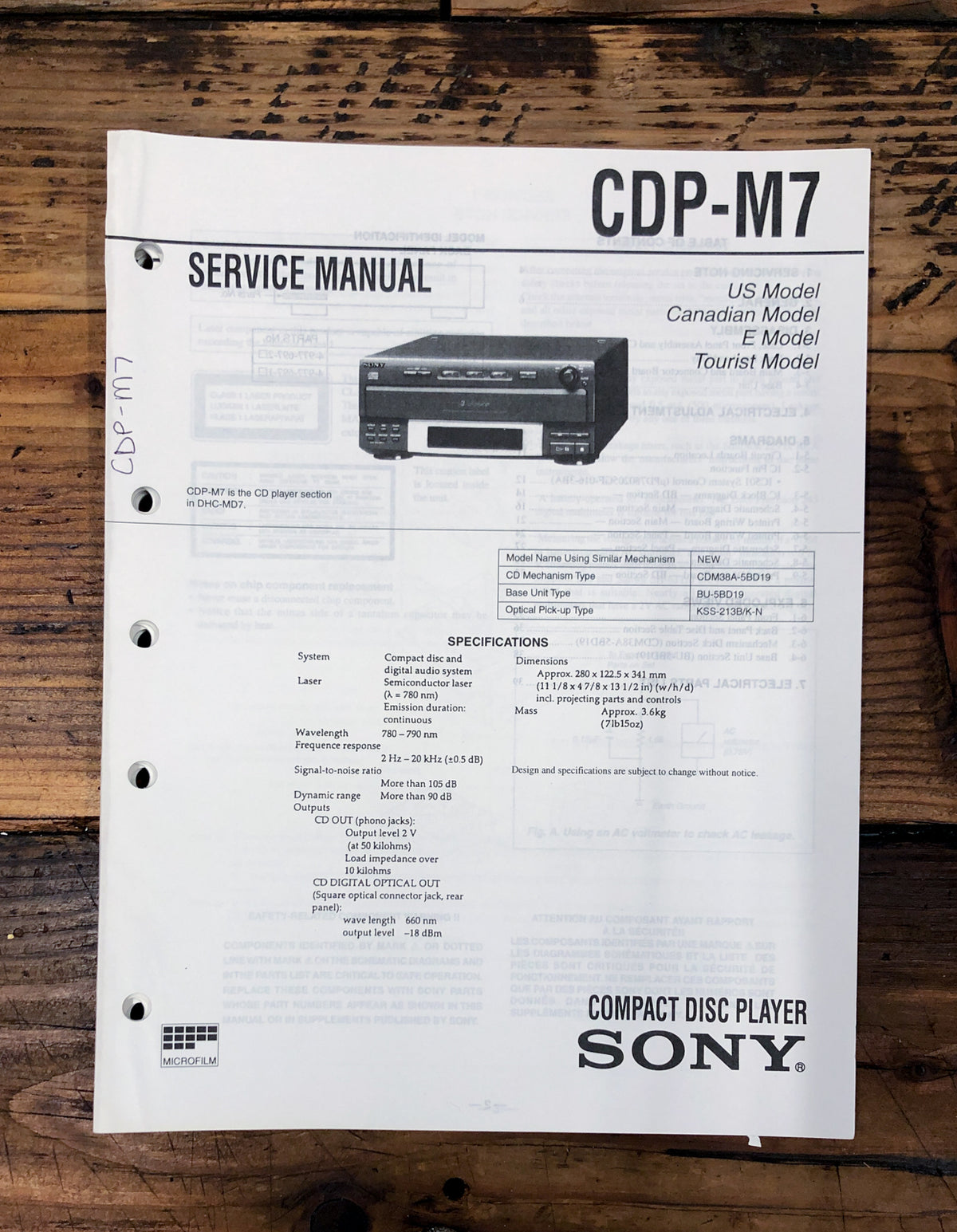 Sony CDP-M7 CD Player Service Manual *Original*