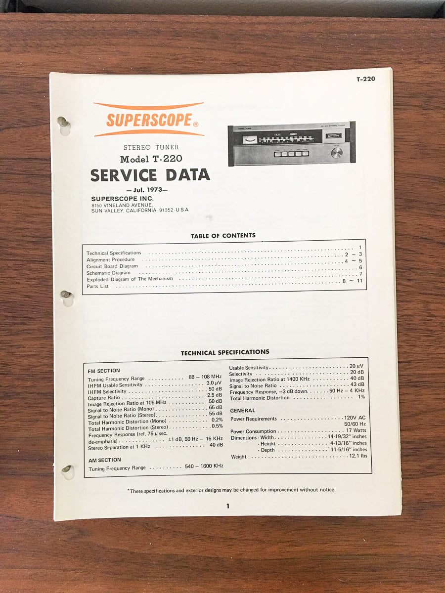 Superscope T-220 Tuner Service Manual *Original*