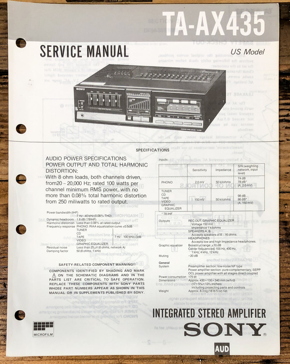 Sony TA-AX435 Amplifier Service Manual *Original*