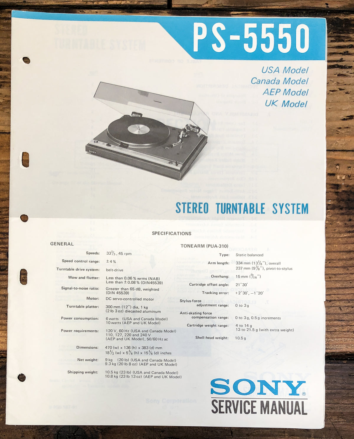 Sony PS-5550 Record Player / Turntable Service Manual *Original*