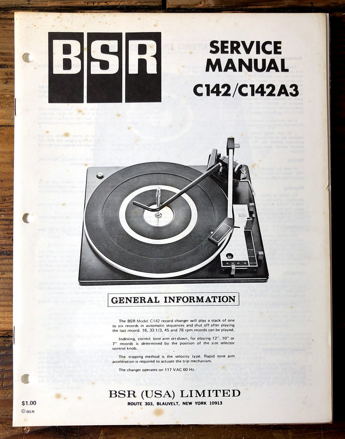 BSR C142 C142A3 Record Changer Service Manual *Original*