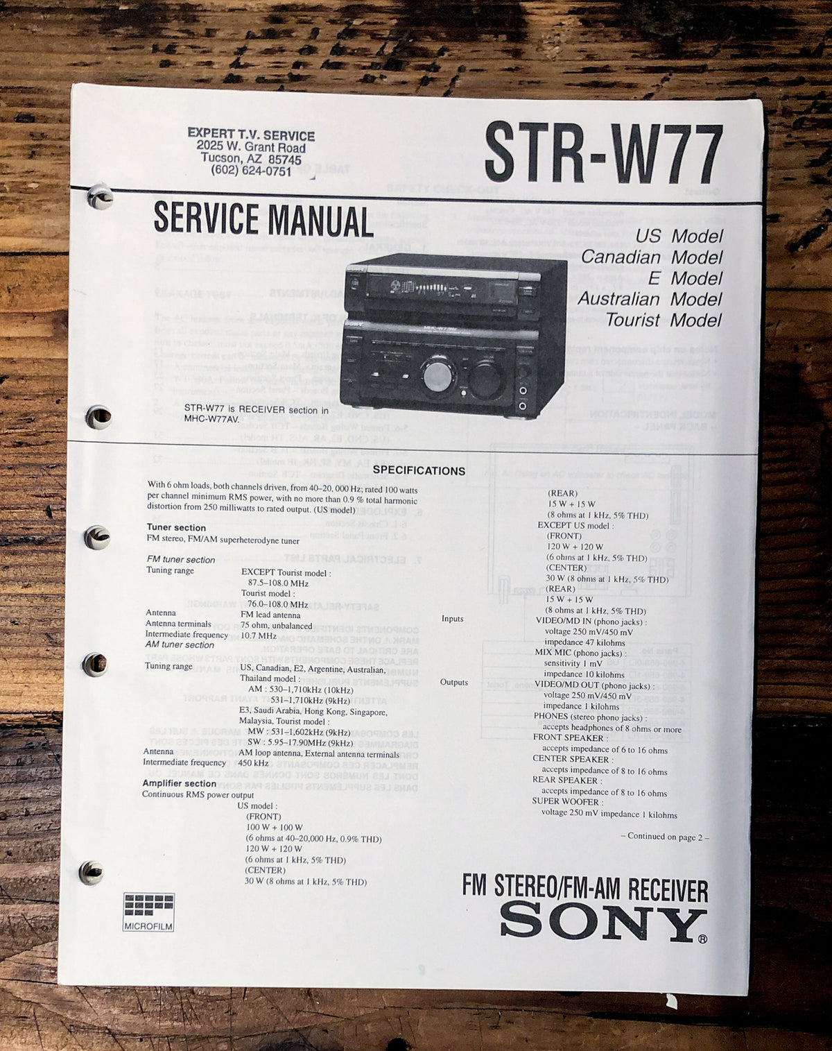 Sony STR-W77 Receiver Service Manual *Original*