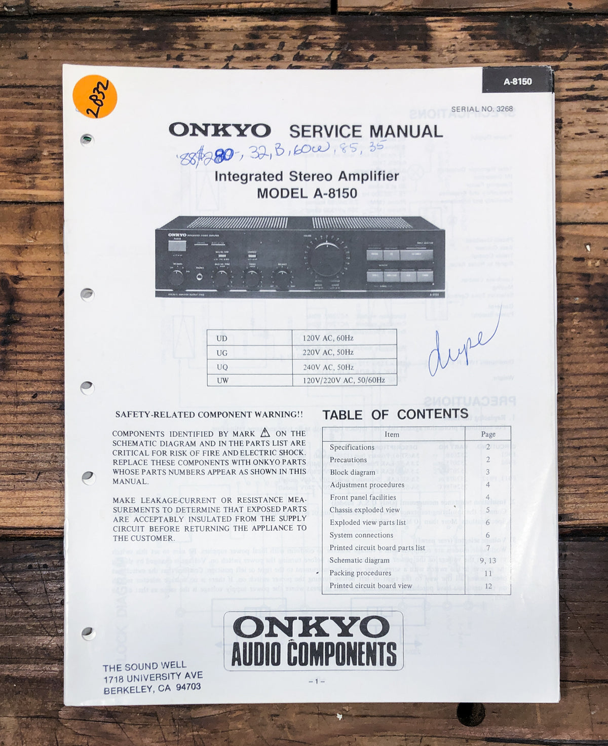 Onkyo A-8150 Amplifier Service Manual *Original*