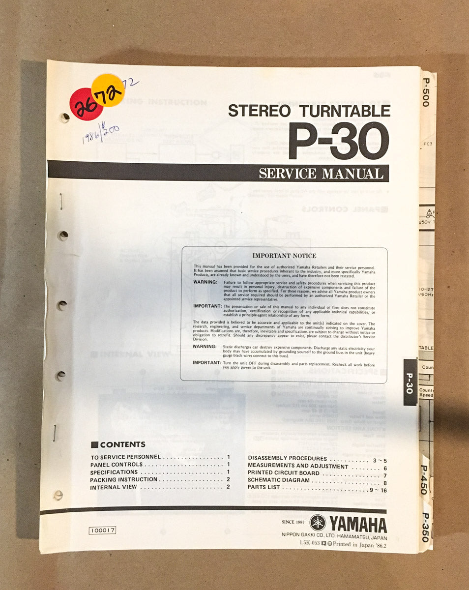 Yamaha P-30 Record Player / Turntable Service Manual *Original*