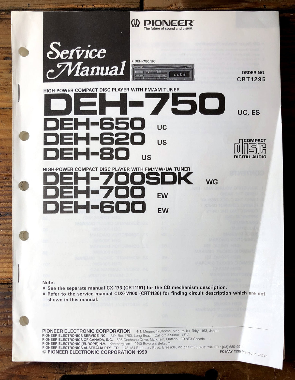 Pioneer DEH-750 DEH-650 DEH-620 Car CD Player Service Manual *Original*