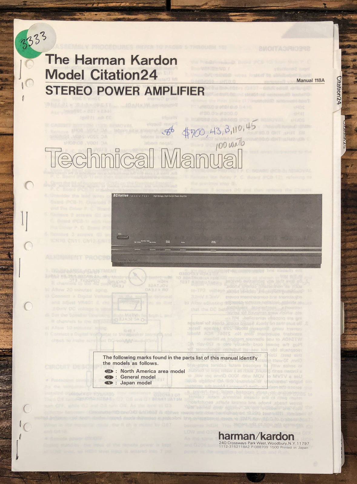 Harman Kardon Citation 24 Amplifier Service Manual *Original*