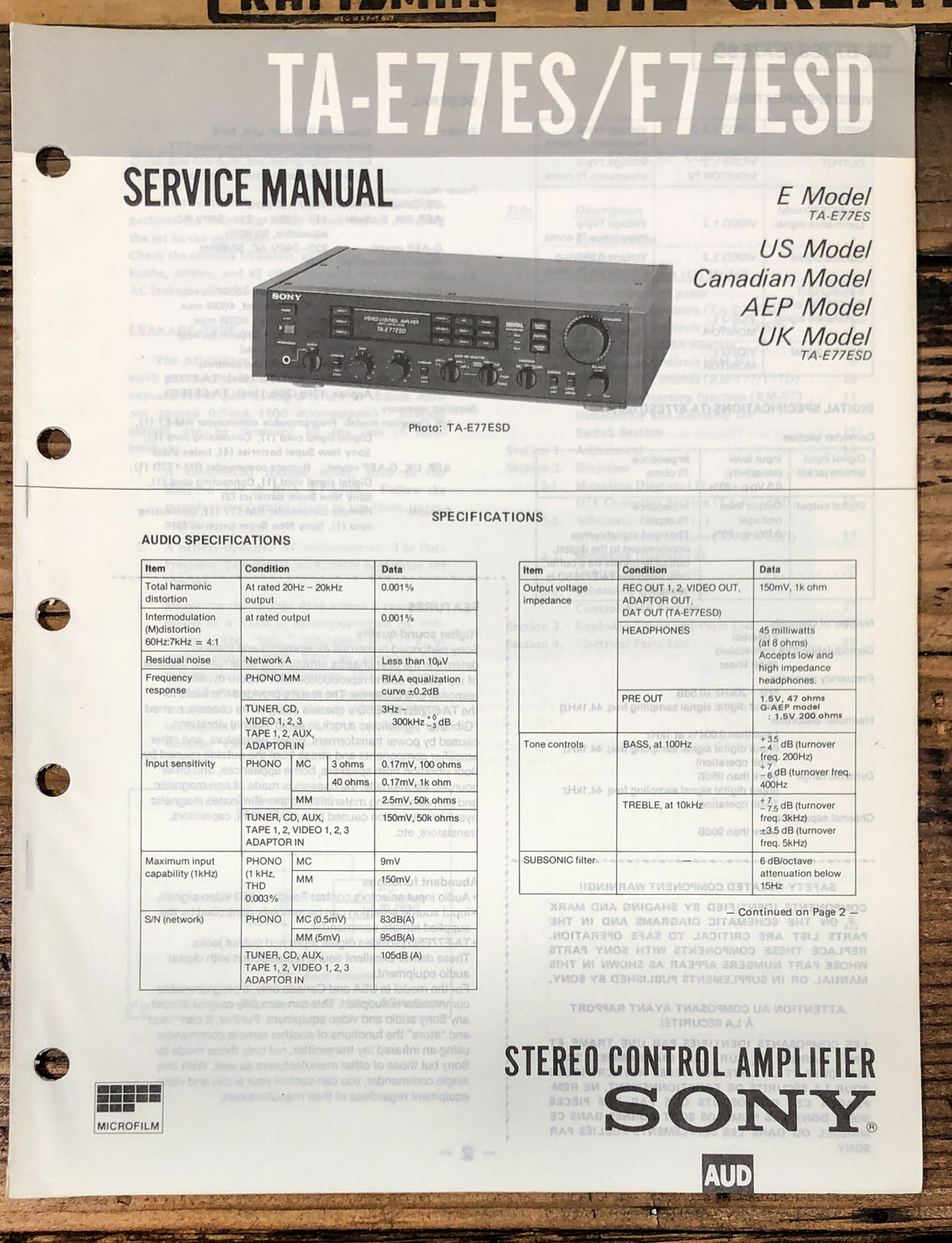 Sony TA-E77ES TA-E77ESD Preamp / Preamplifier Service Manual *Original*