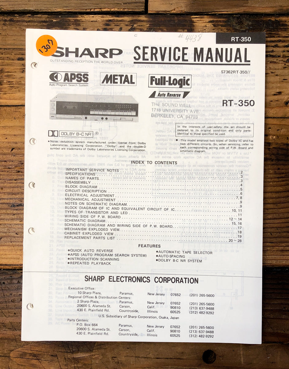 Sharp RT-350 Cassette Service Manual *Original*