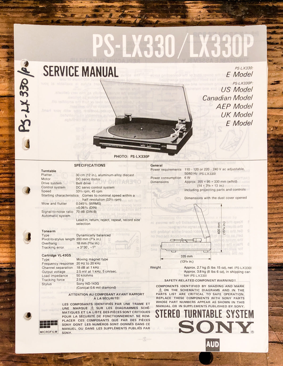 Sony PS-LX330 PS-LX330P Record Player / Turntable Service Manual *Original*