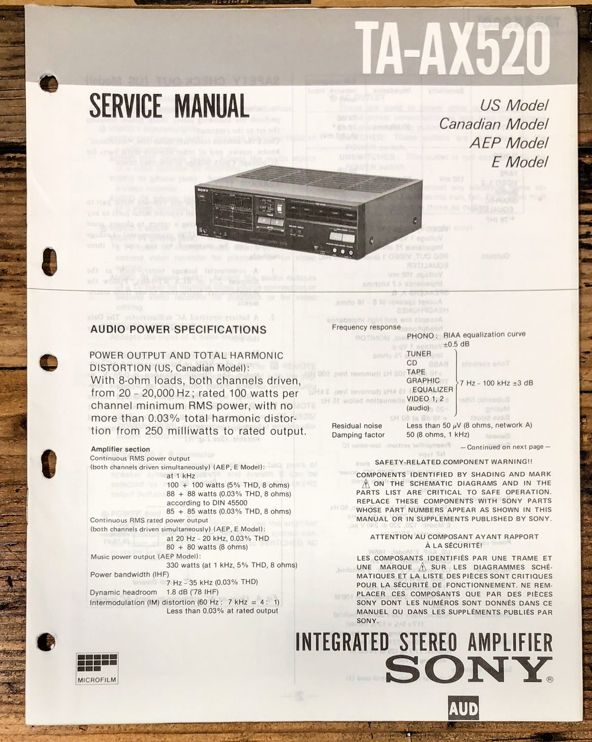 Sony TA-AX520 Amplifier Service Manual *Original*