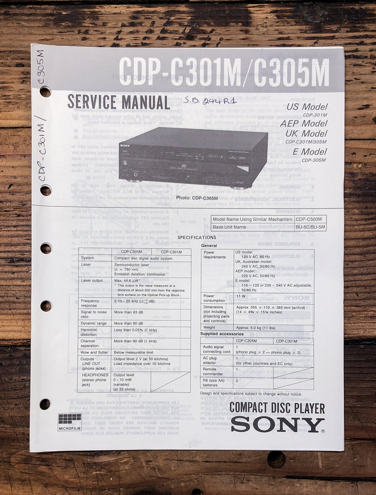 Sony CDP-C301M CDP-C305M CD Player Service Manual *Original*