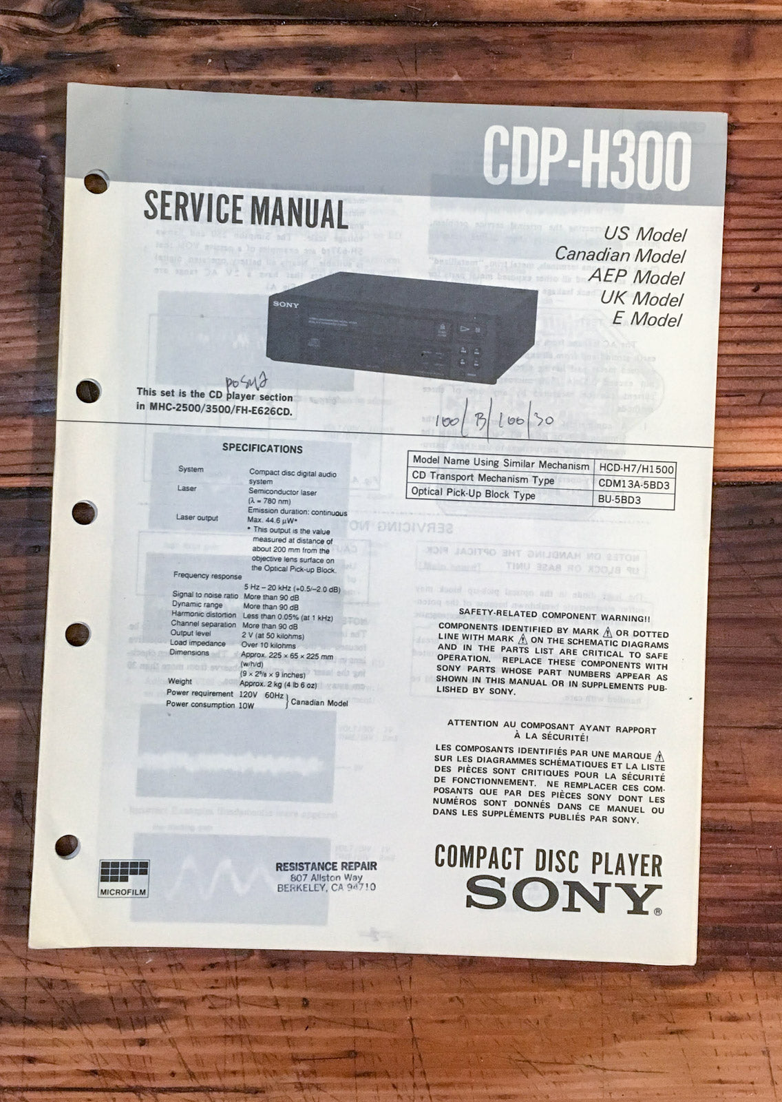 Sony CDP-H300 CD Player Service Manual *Original*