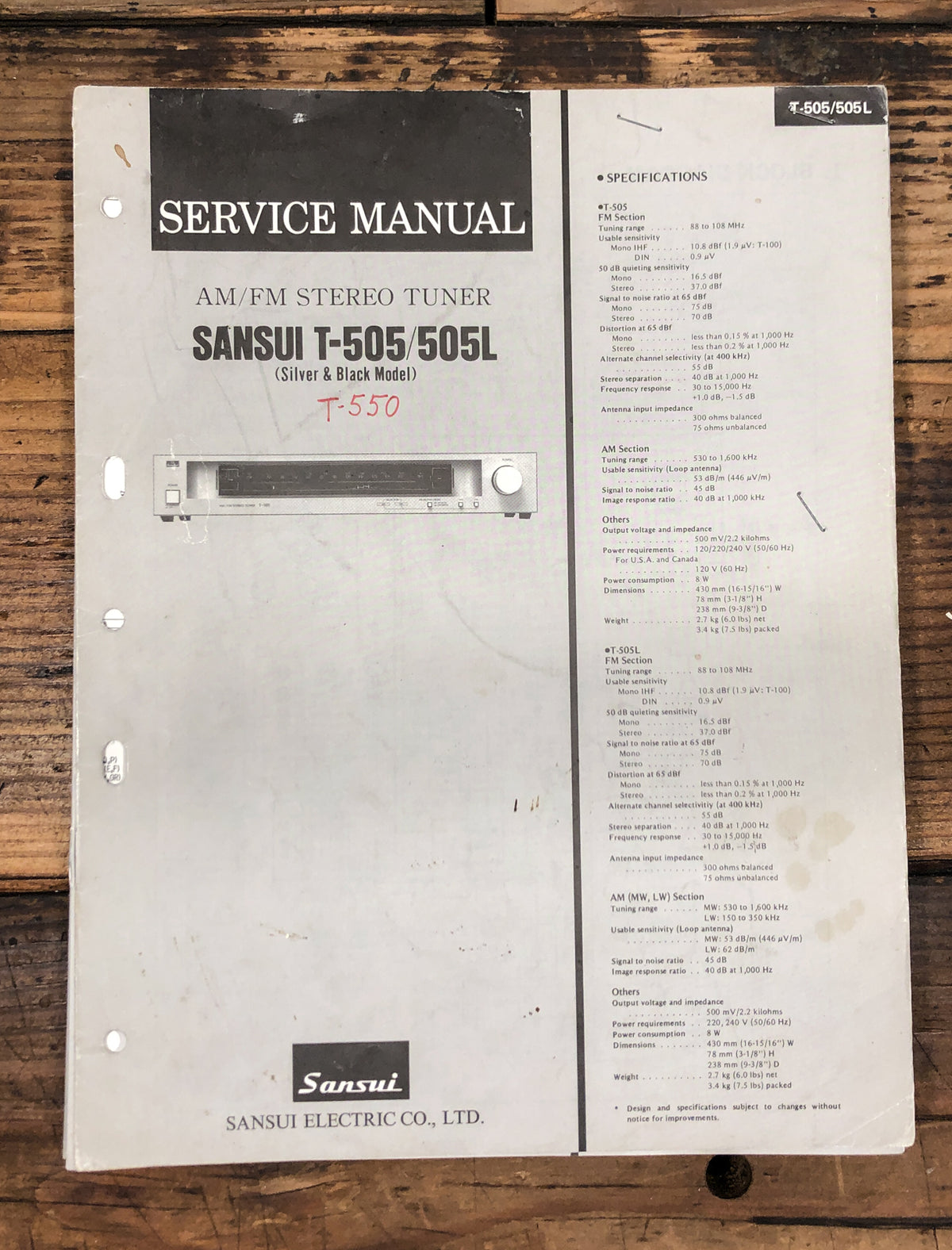Sansui T-505 T-505L Tuner Service Manual *Original*