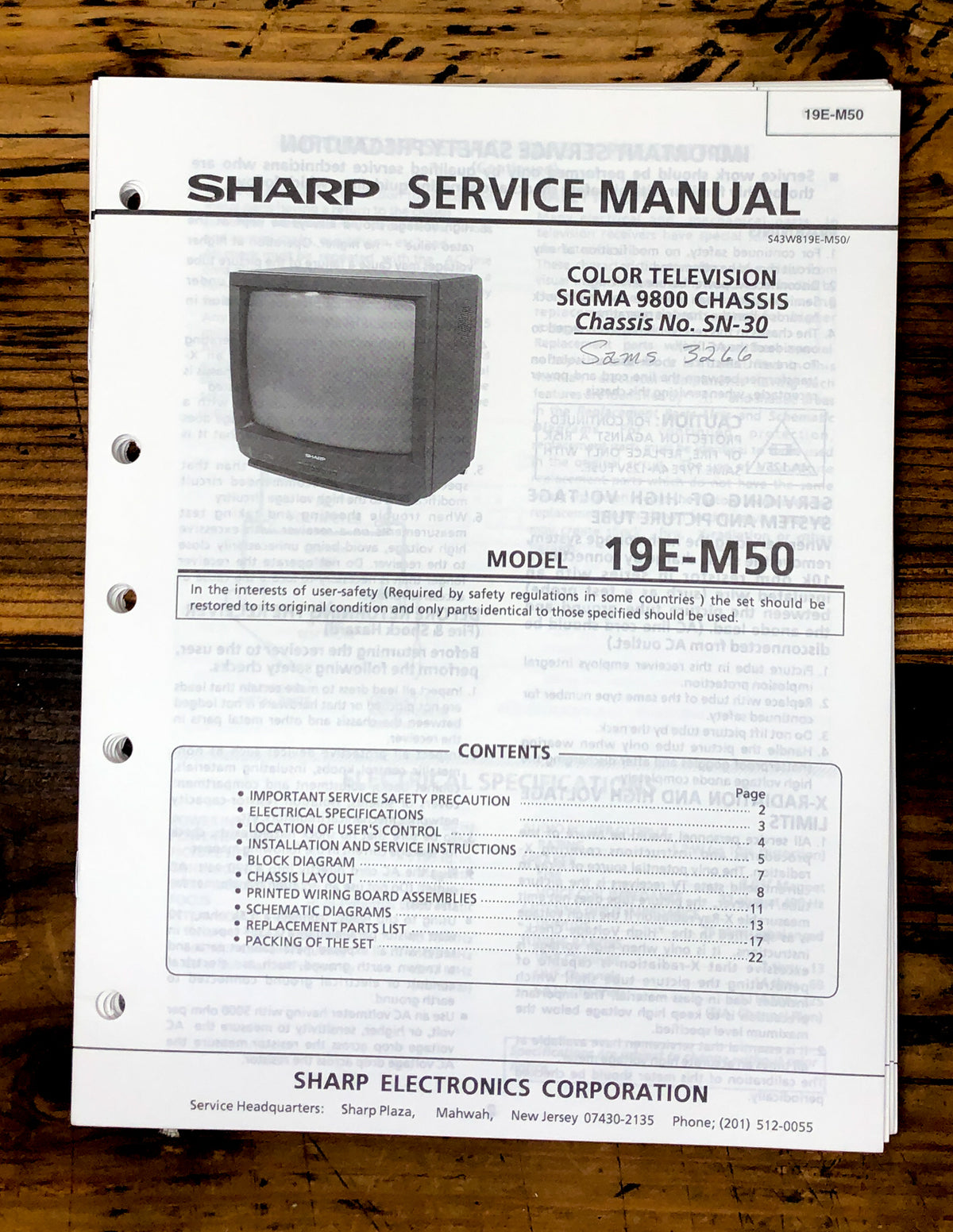 Sharp 19E-M50 TV / Television Service Manual *Original*