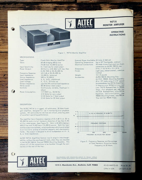 Altec Model 9471A Amplifier  Owners Manual & Schematic *Orig*