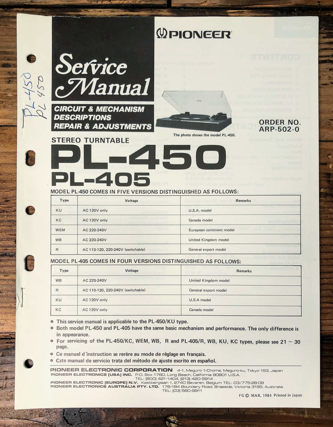Pioneer PL-450 PL-405 Turntable Service Manual *Original*