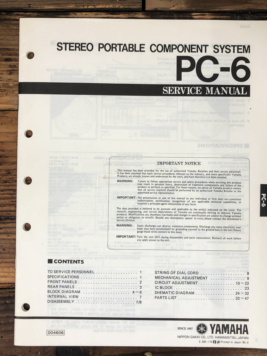 Yamaha PC-6 Stereo Service Manual *Original*