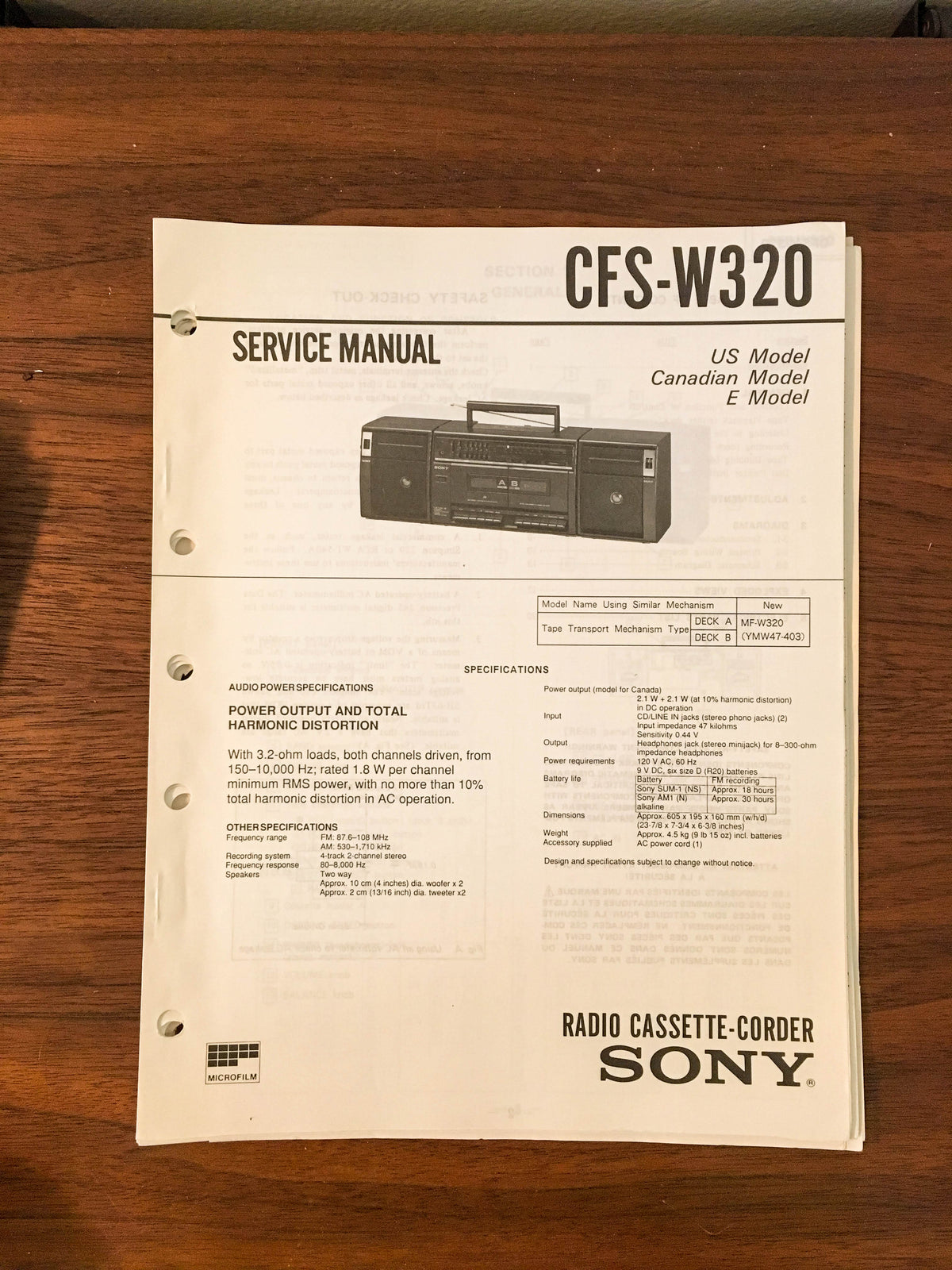 Sony CFS-W320 RADIO CASSETTE Service Manual *Original*