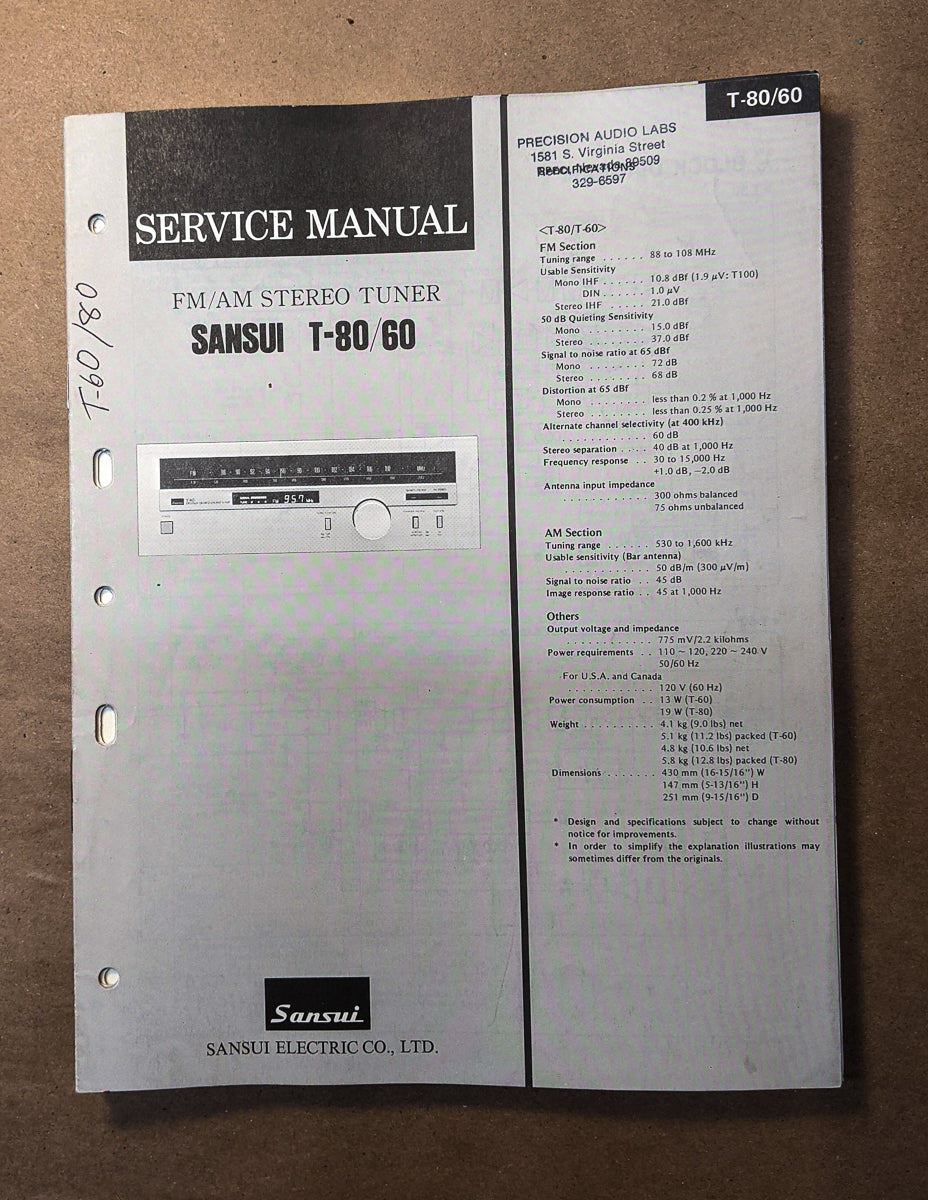 Sansui T-60 T-80 Tuner Service Manual *Original*