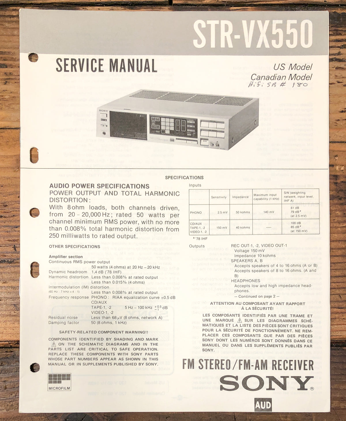 Sony STR-VX550 Receiver Service Manual *Original*