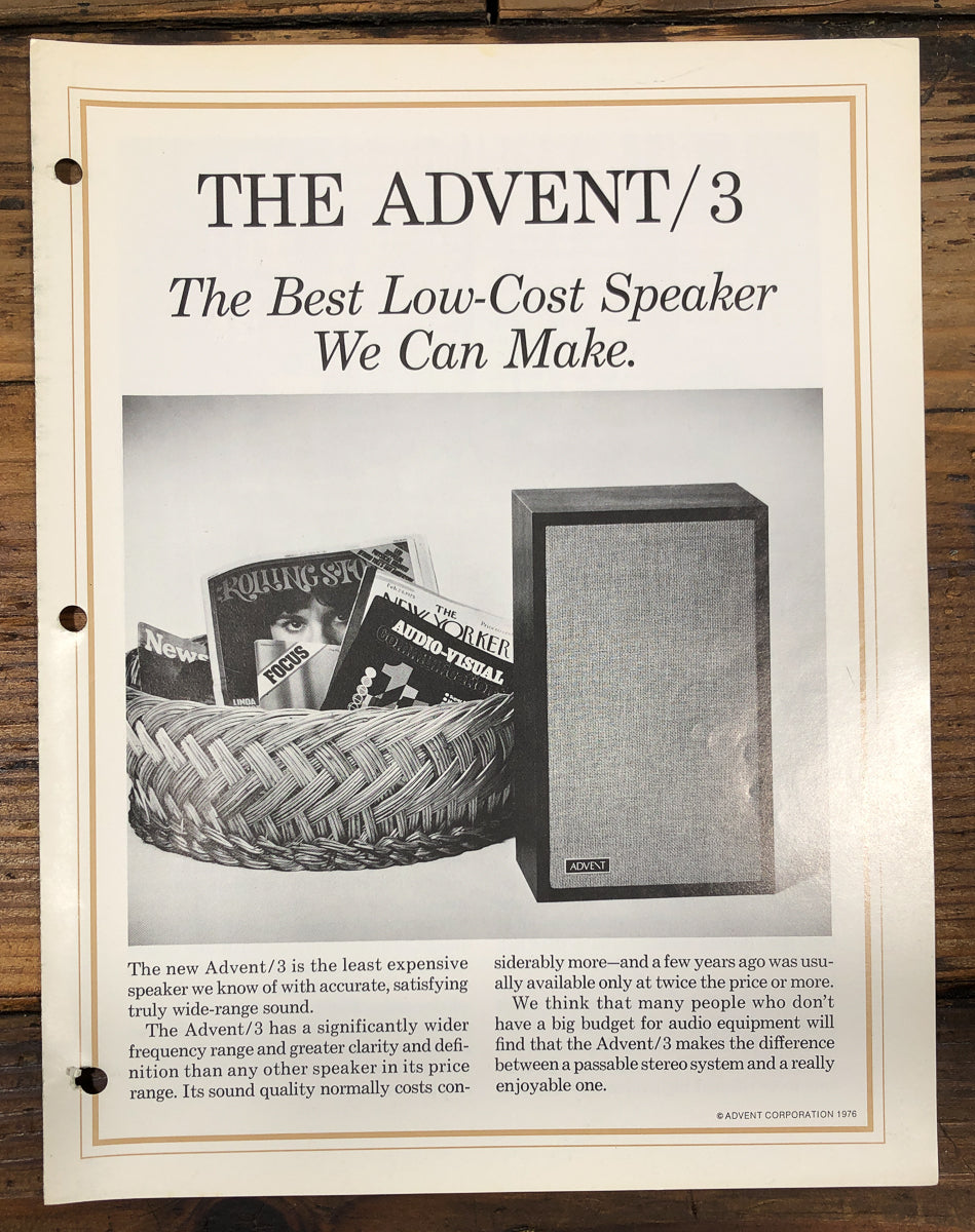 Advent Model 3 /3 Speakers Dealer Brochure *Original*