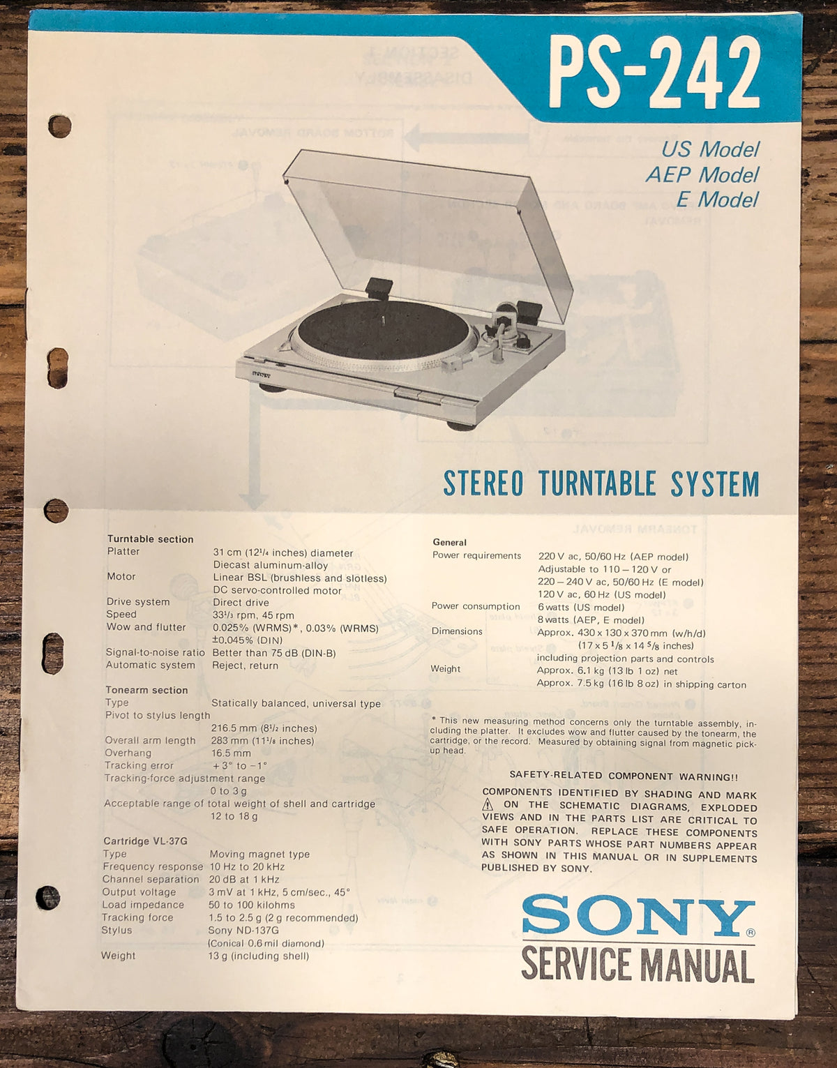 Sony PS-242 Record Player / Turntable Service Manual *Original*