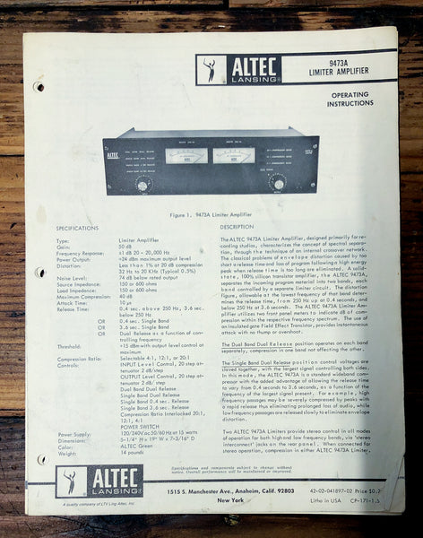Altec Model 9473A Amplifier  Owners Manual & Schematic *Orig*