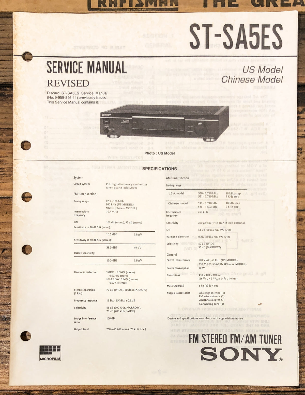 Sony ST-SA5ES Tuner Service Manual *Original*