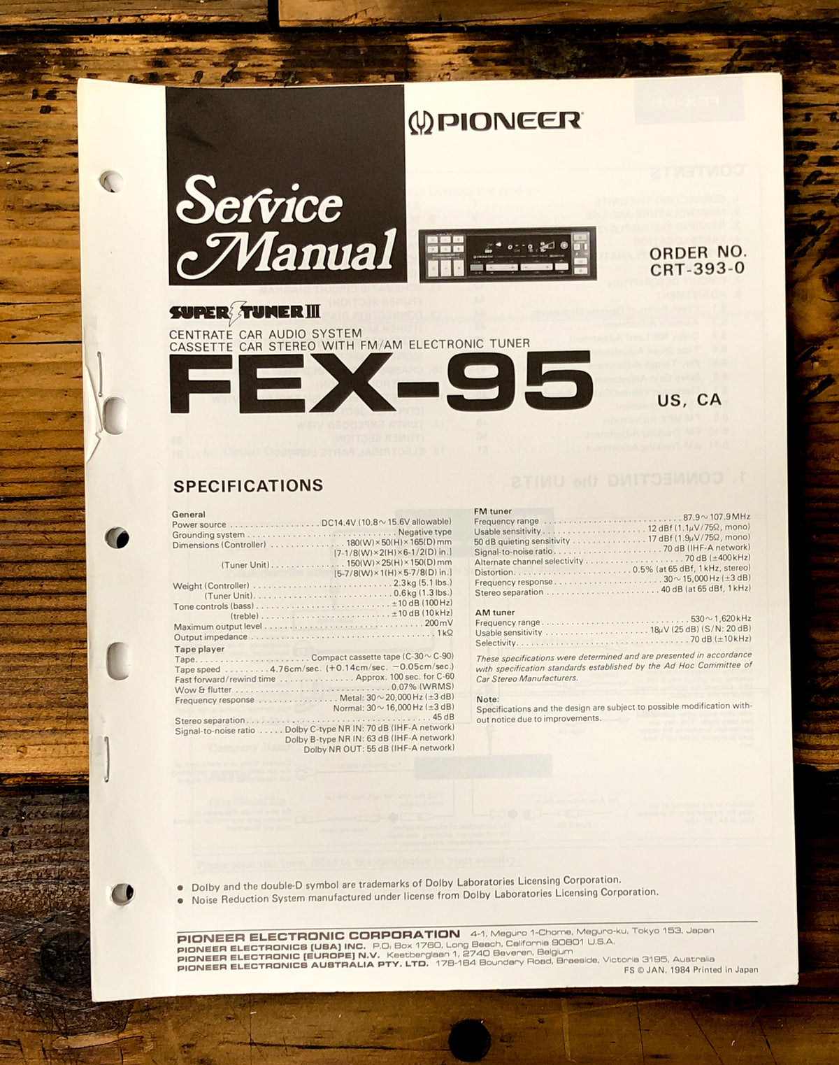 Pioneer FEX-95 Stereo Service Manual *Original*