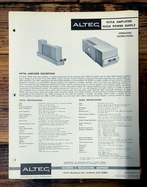 Altec Model 9475A 9550A Amplifier  Owners Manual & Schematic *Orig*