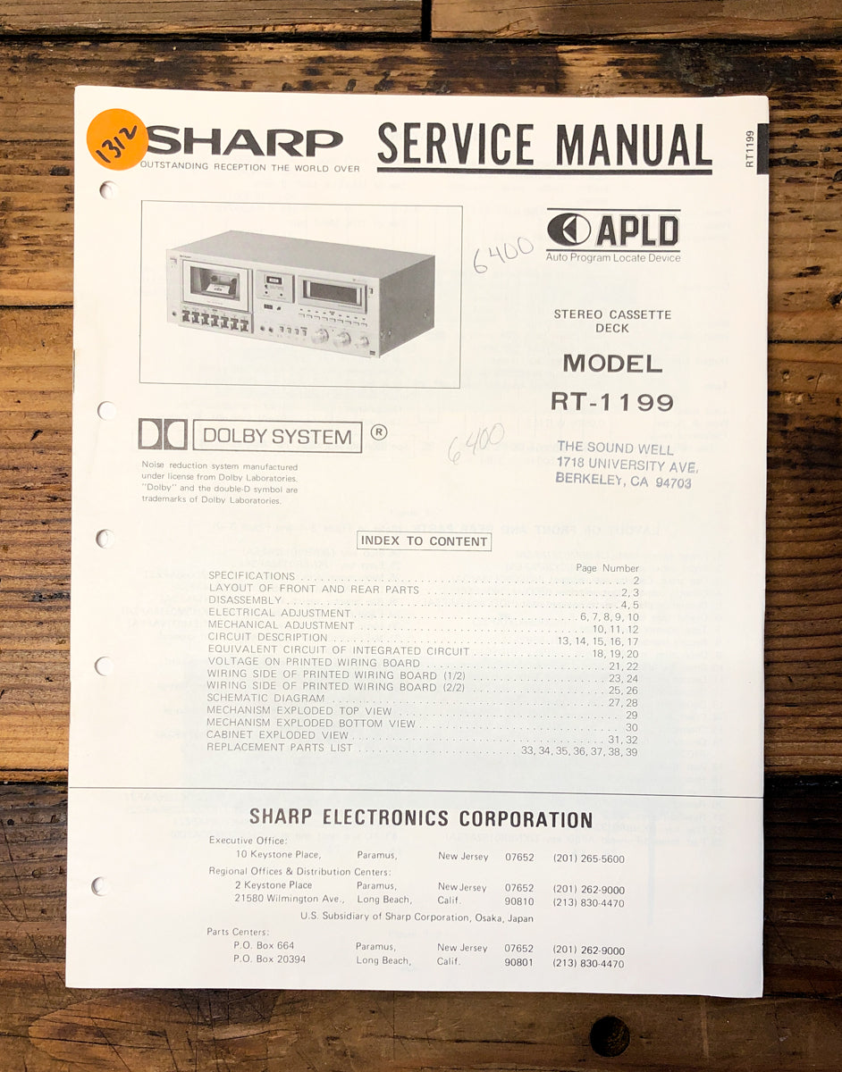 Sharp RT-1199 Cassette Service Manual *Original*