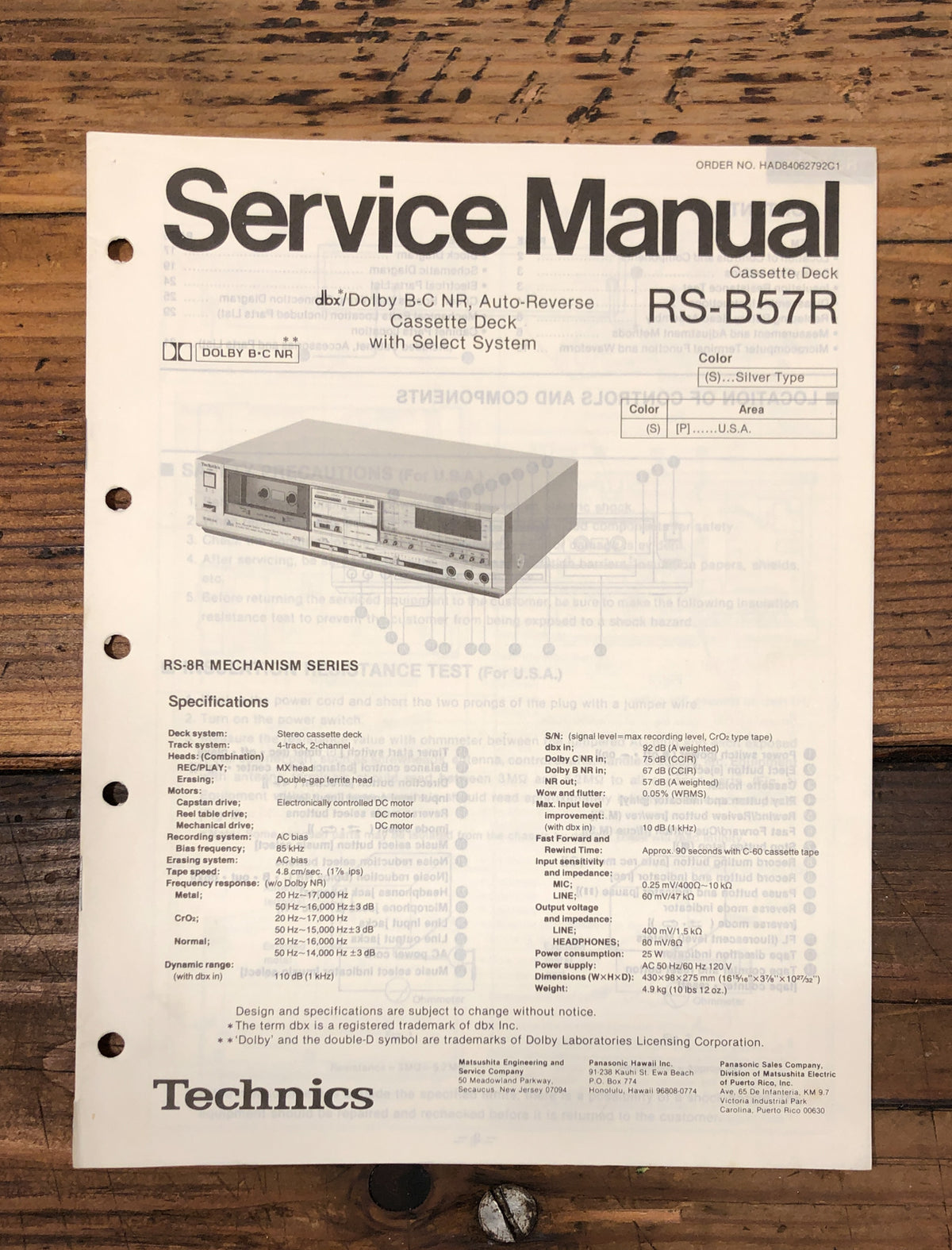 Technics RS-B57R Cassette Service Manual *Original*
