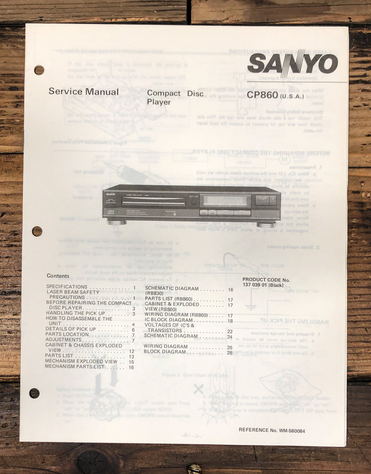 Sanyo CP-860 CP-860 CD Player Service Manual *Original*