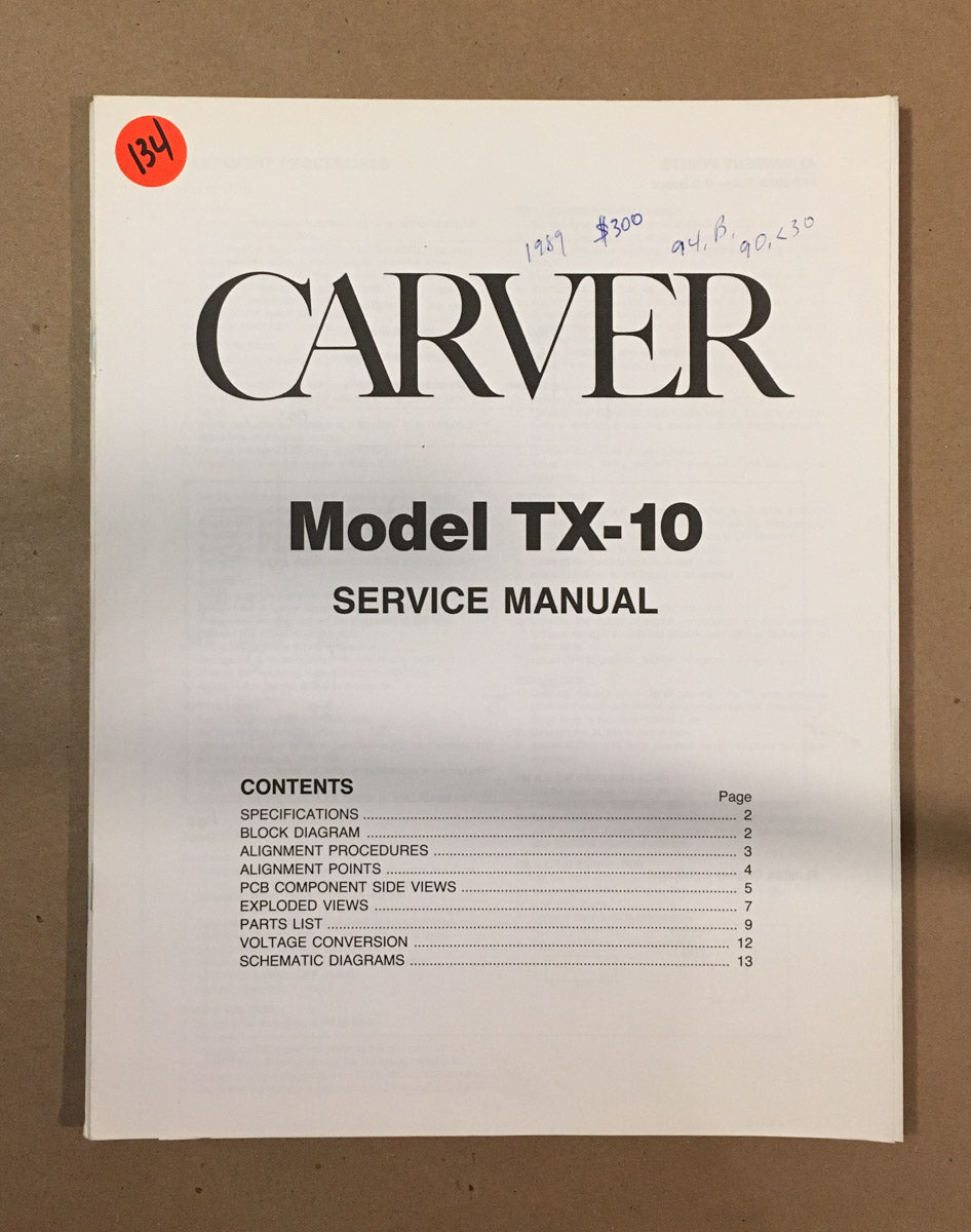 Carver TX-10 Tuner Service Manual *Original*