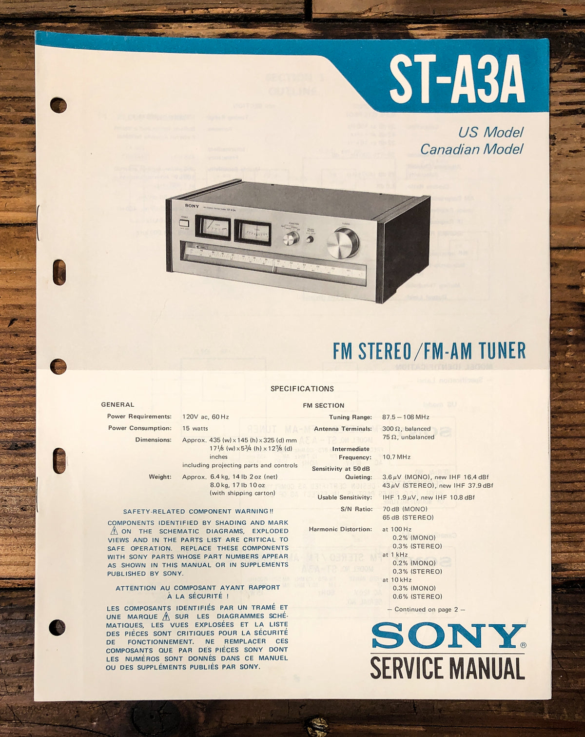 Sony ST-A3A Tuner Service Manual *Original*