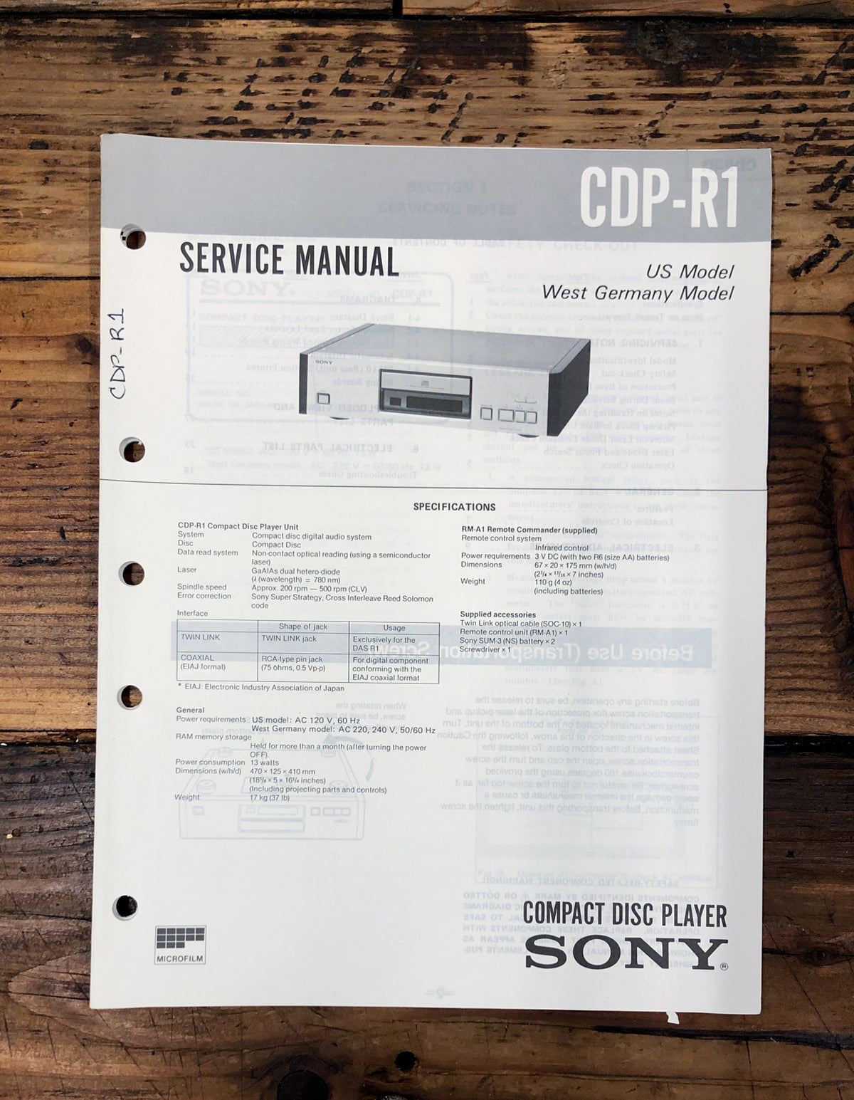 Sony CDP-R1 CD Player Service Manual *Original*