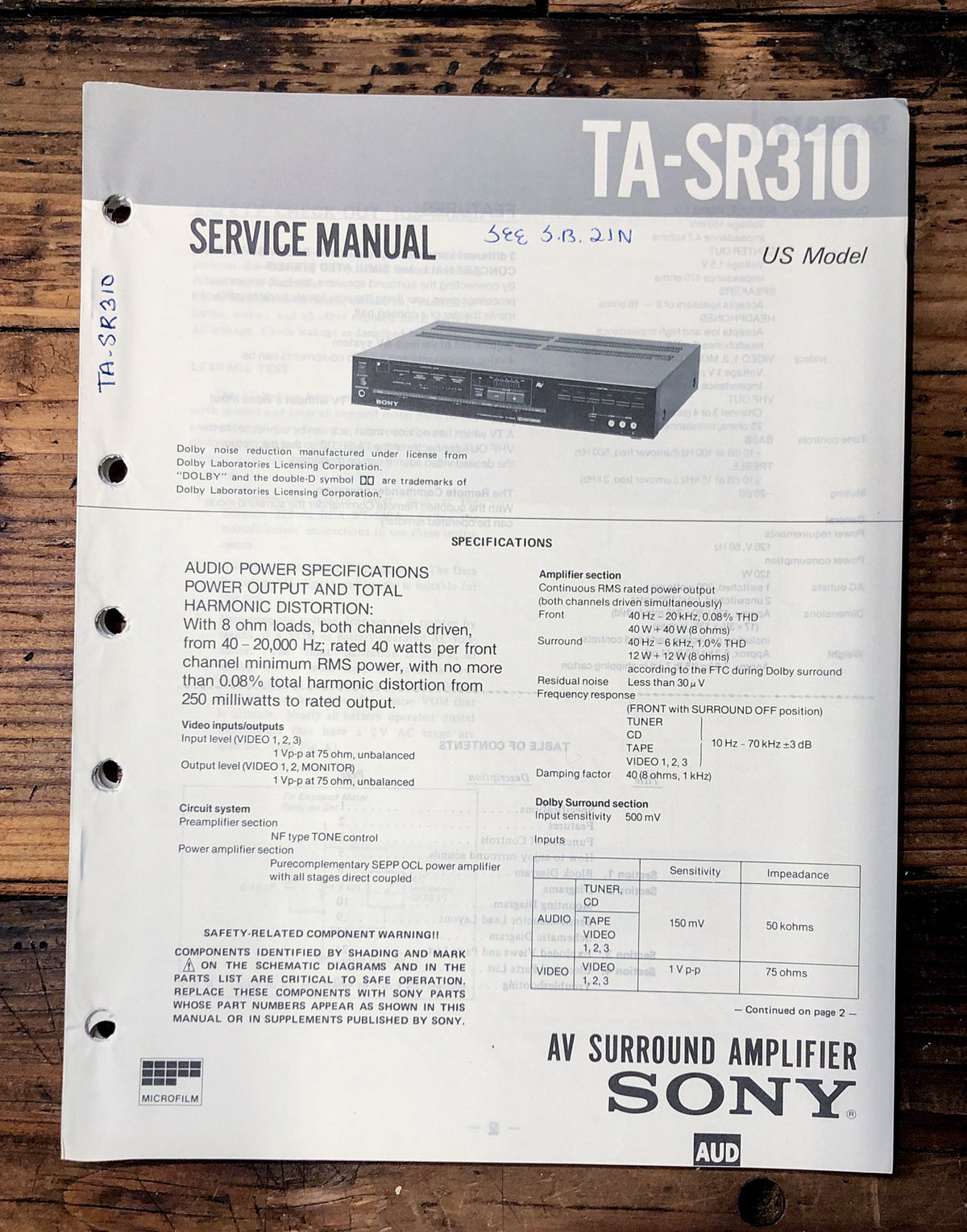 Sony TA-SR310 Amplifier Service Manual *Original*