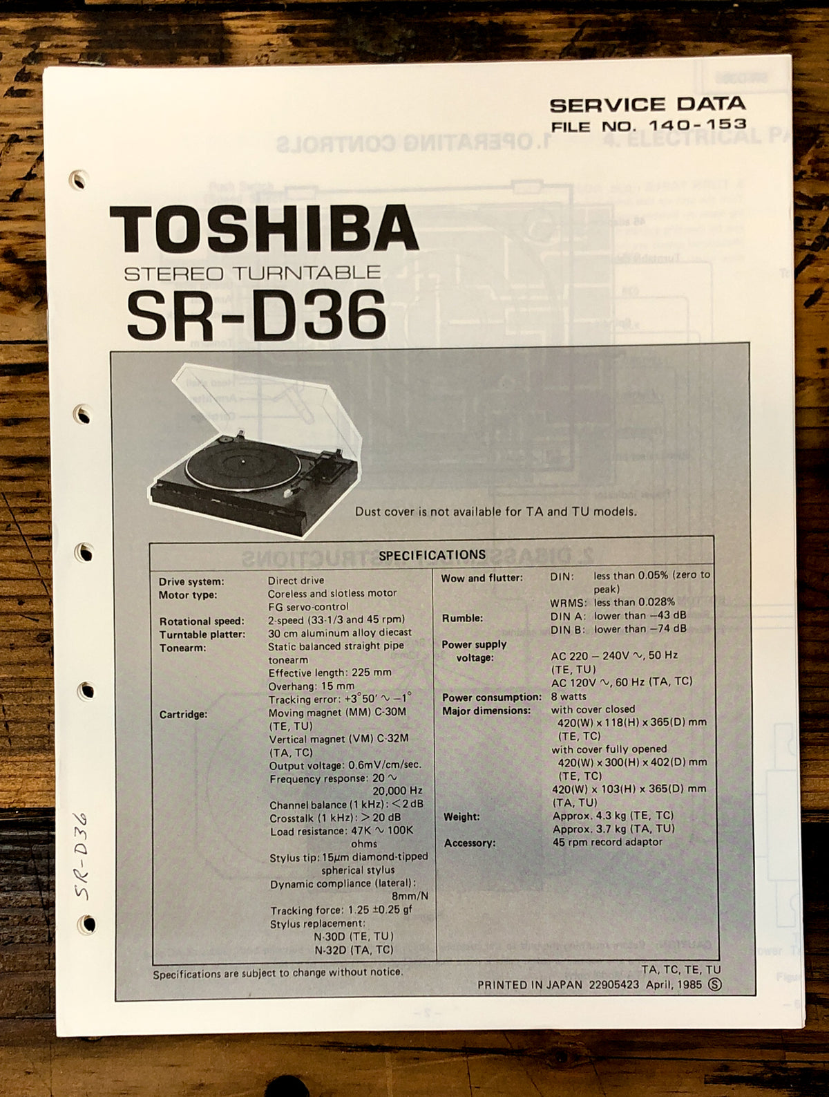 Toshiba SR-D36 Record Player / Turntable Service Manual *Original*