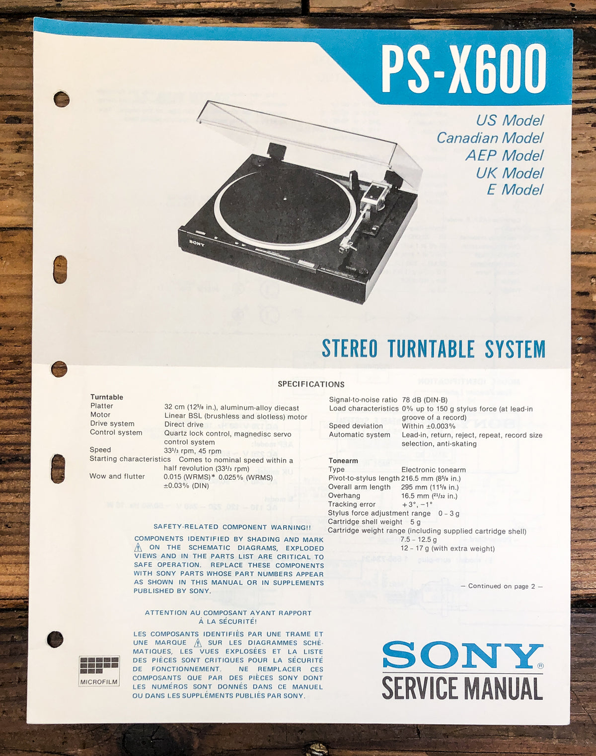 Sony PS-X600 Record Player / Turntable Service Manual *Original*