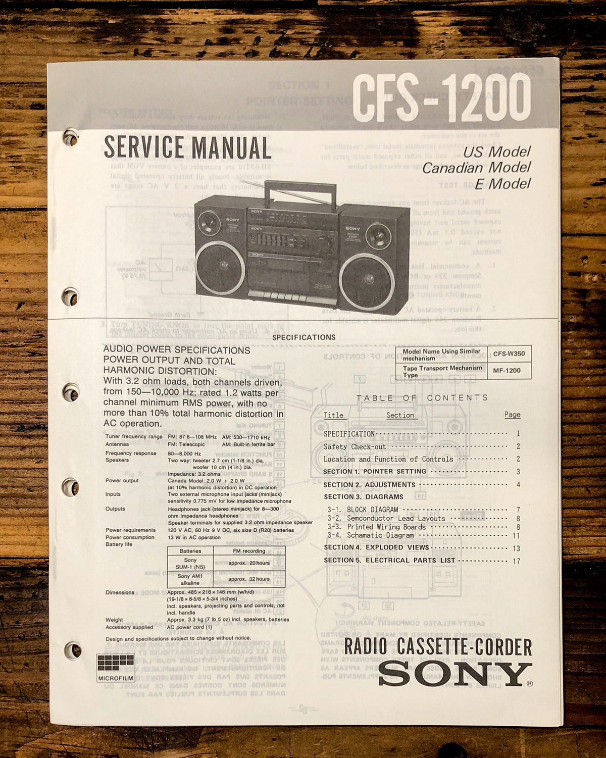 Sony CFS-1200 Radio / Stereo Service Manual *Original*