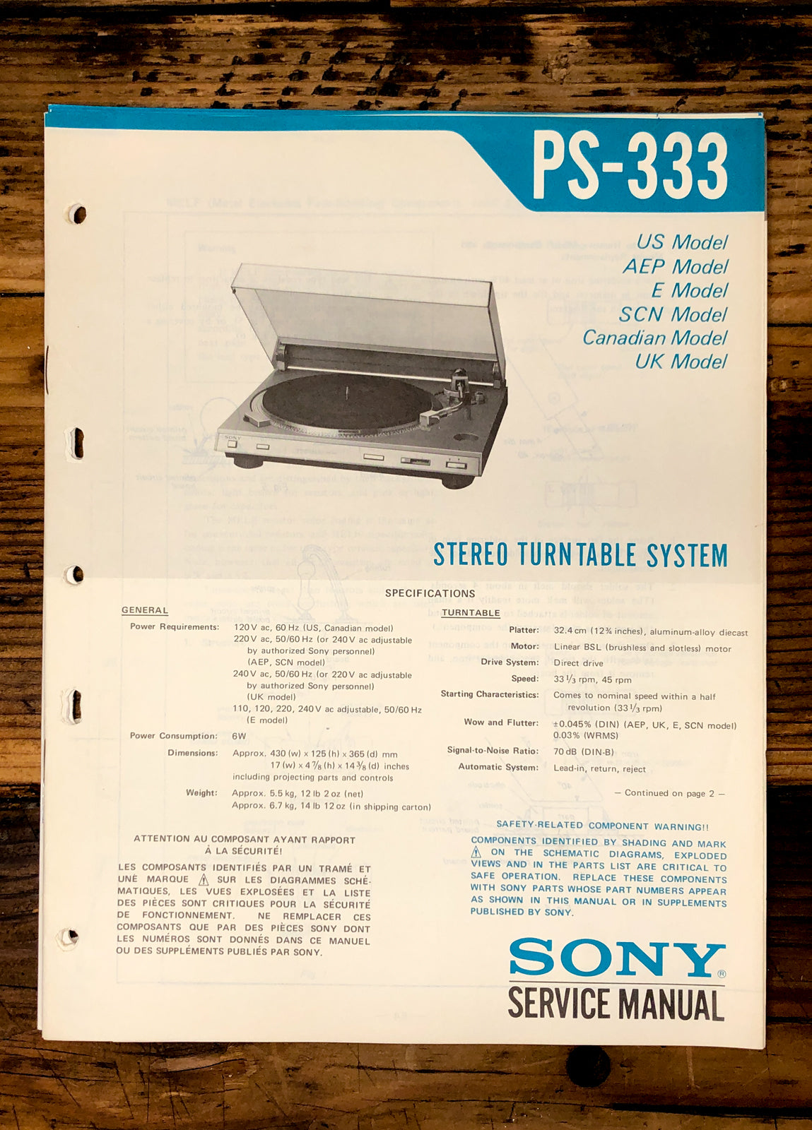 Sony PS-333 Record Player / Turntable Service Manual *Original*