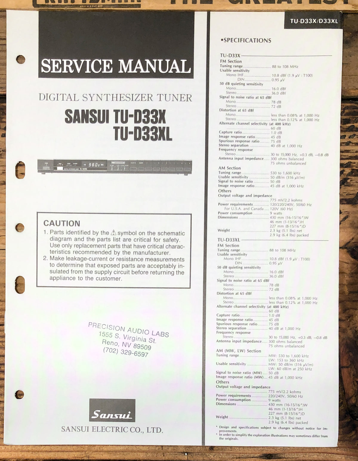 Sansui TU-D33X TU-D33XL Tuner Service Manual *Original*