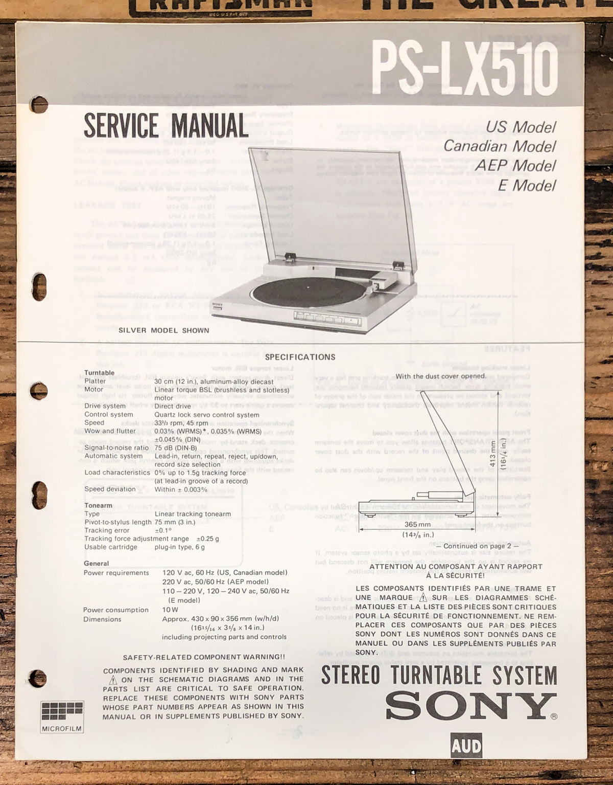 Sony PS-LX510 Record Player / Turntable Service Manual *Original*