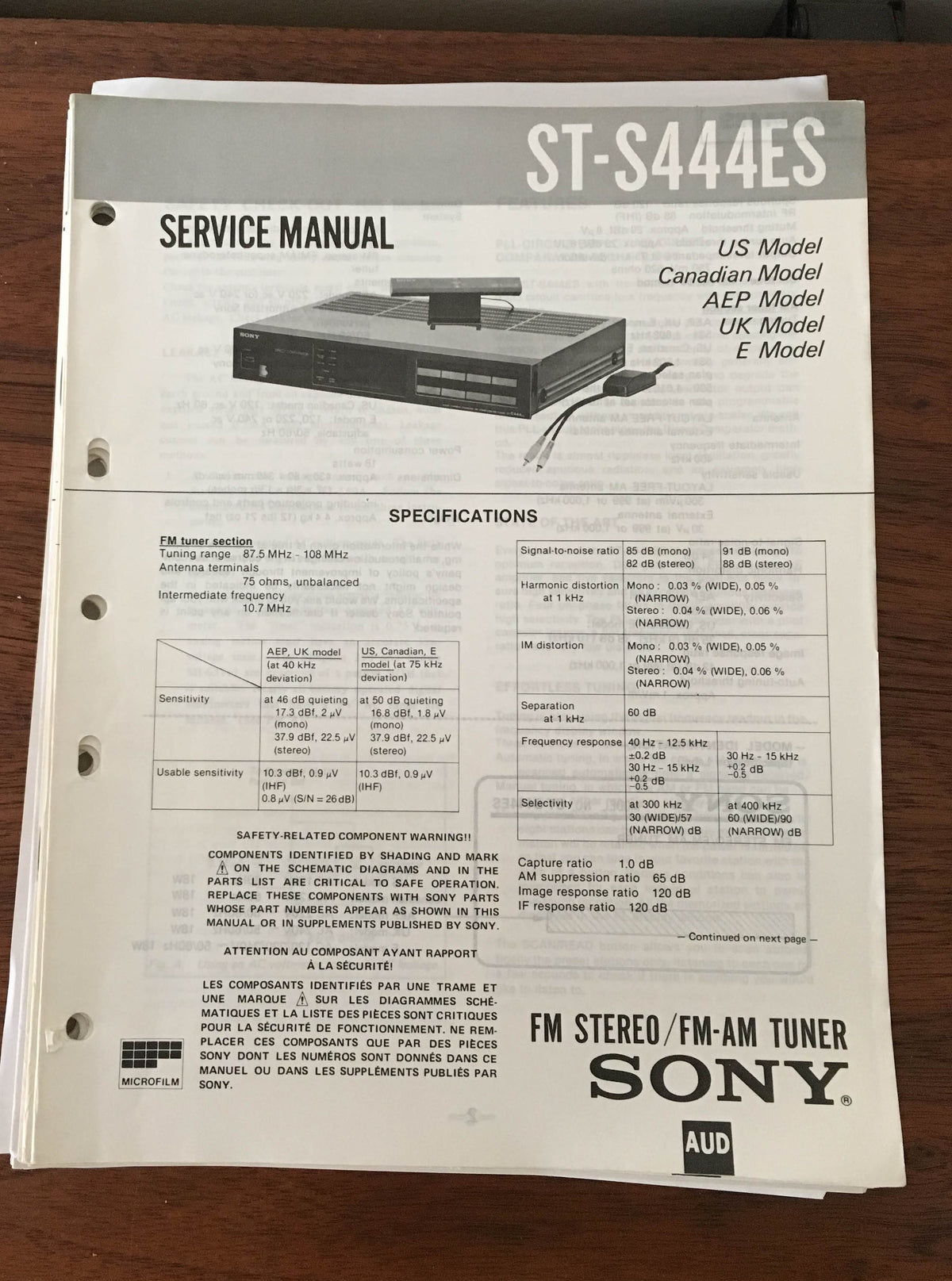 Sony ST-S444ES Tuner Service Manual *Original*