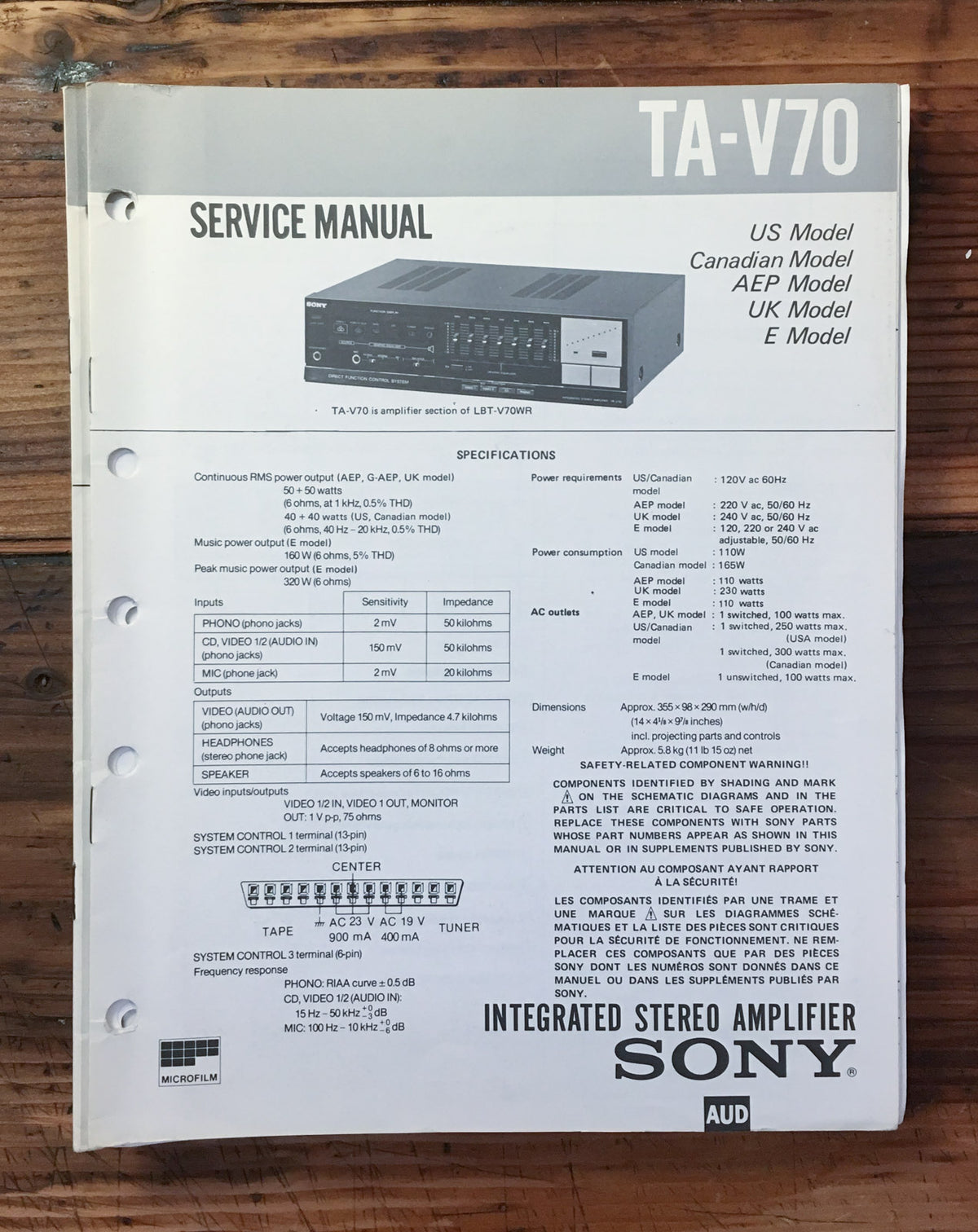 Sony TA-V70 Amplifier Service Manual *Original*