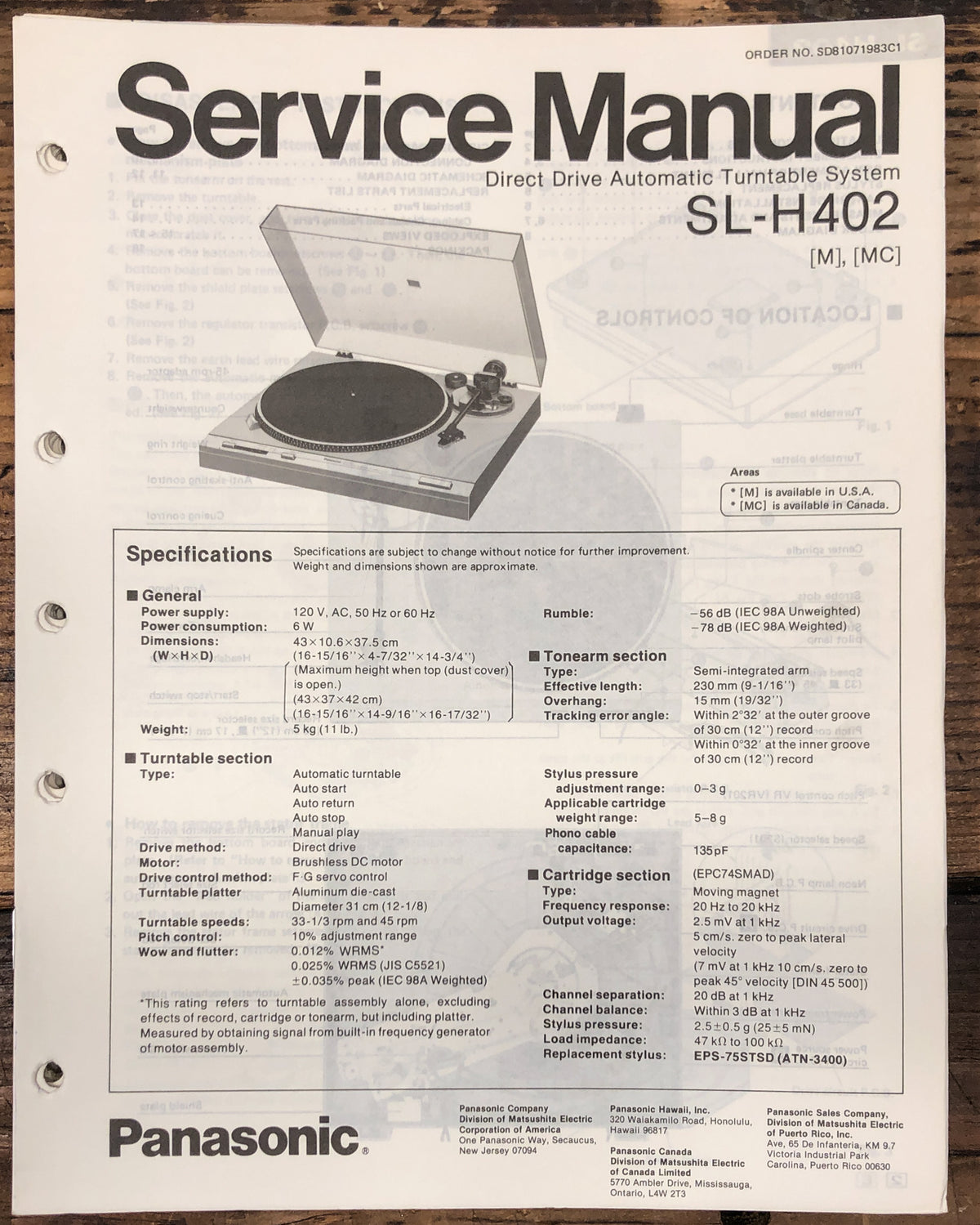 Technics / Panasonic SL-H402 Turntable Service Manual *Original*